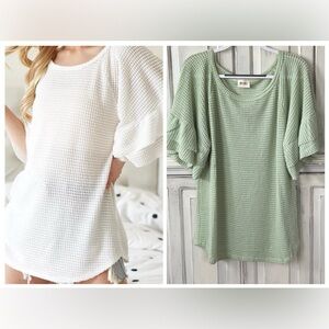 955. NEW! BIBI Popcorn Waffle Knit Top with Ruffled Sleeves in Mint Green